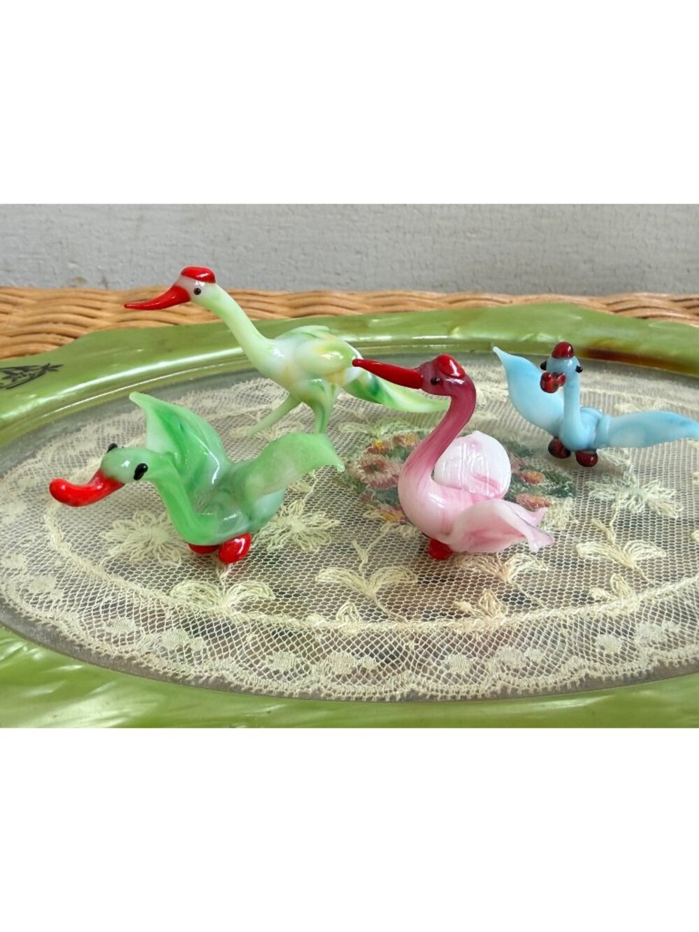 Vintage 1960's Lot of 4 Miniature Hand Blown Art Glass Birds Pastels
